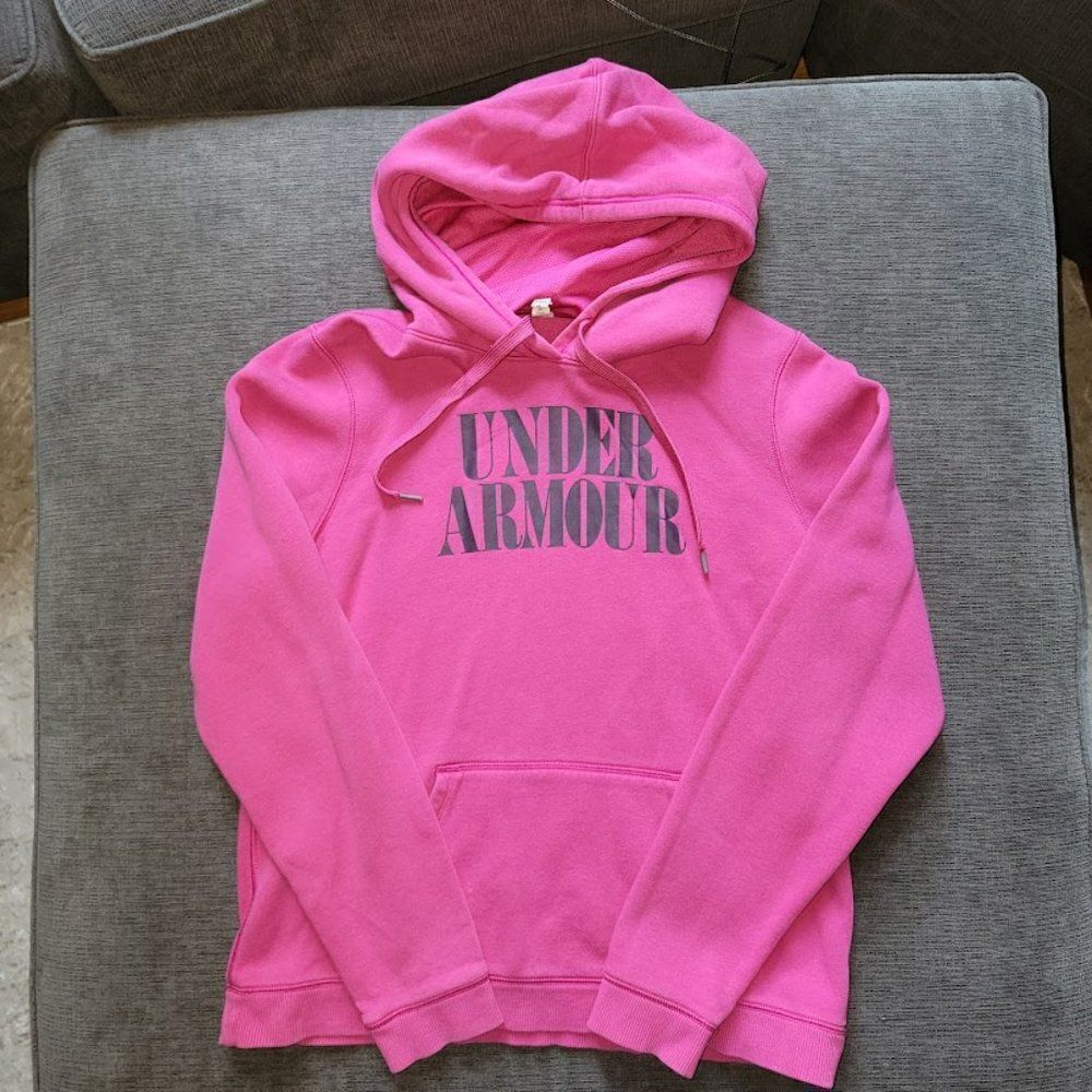 Under Armour Women's Pink & Black Word Graphic Hoodie Sweatshirt Size La…